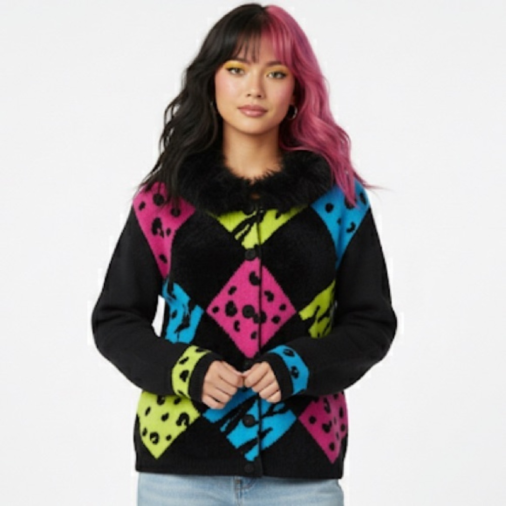 Vintage Jack B Quick Funky Y2K Statement Cardigan Sweater Harlequin Feather M - Picture 11 of 11